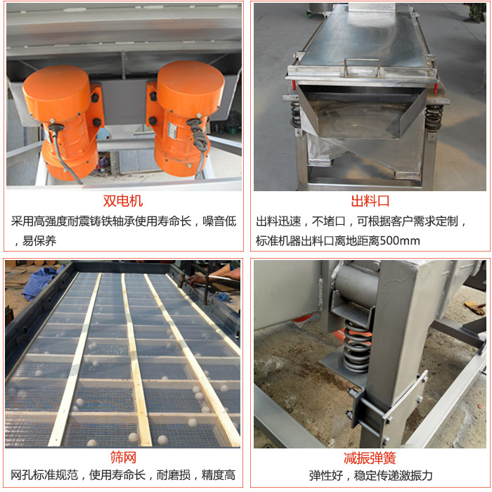線振動篩配件優(yōu)勢：雙電機采用高強度耐震鑄鐵軸承使用壽命長，噪音低，易保養(yǎng)，出料口：出料迅速，不堵口，可根據(jù)客戶需求定制標準機器出料口離地距離500mm。篩網(wǎng)：網(wǎng)孔標準規(guī)范，使用壽命長，耐磨損，精度高。減震彈簧彈性好，穩(wěn)定傳遞激振力。